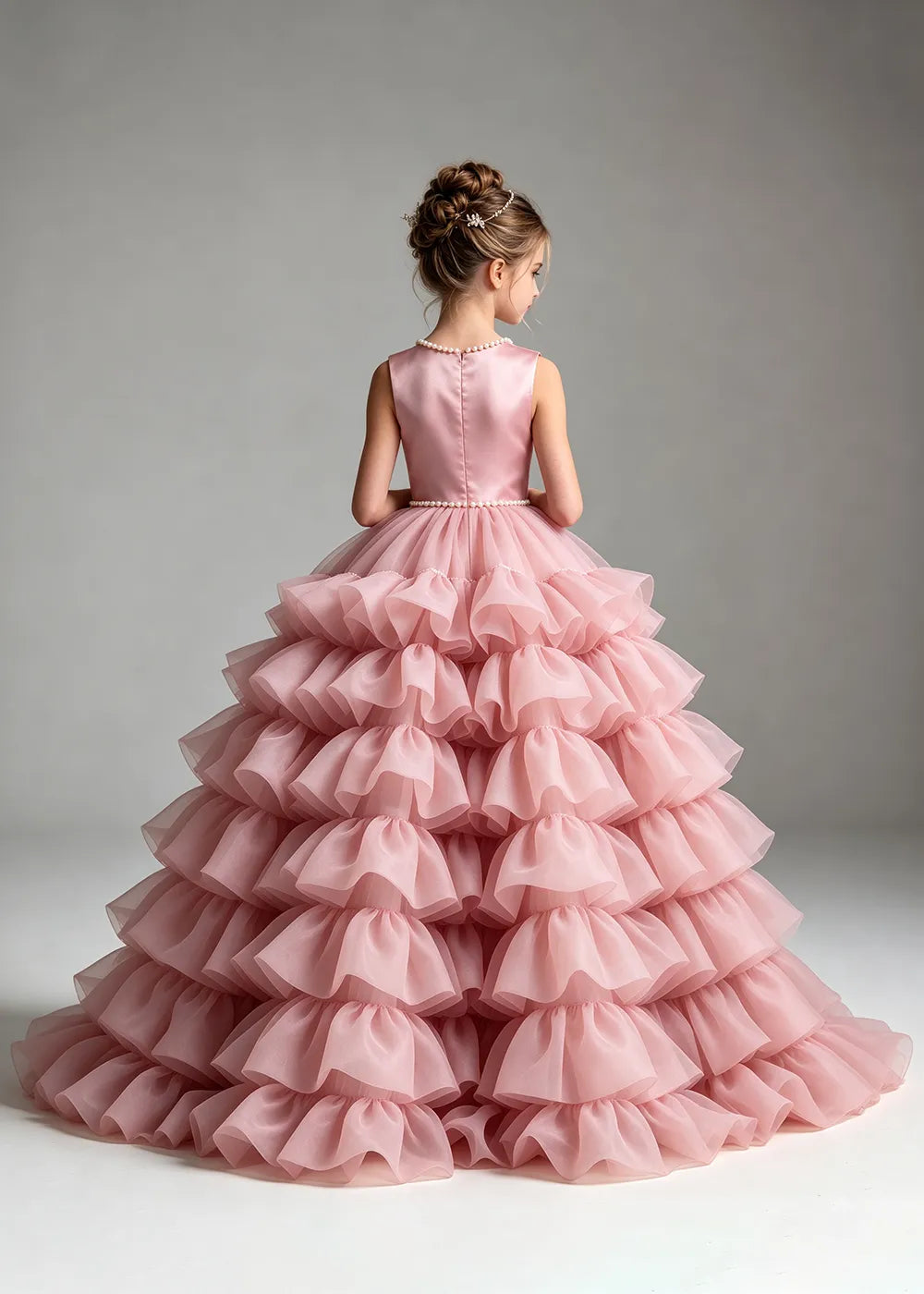 Pink Pearl-Trimmed Tiered Ruffle Flower Girl Dress