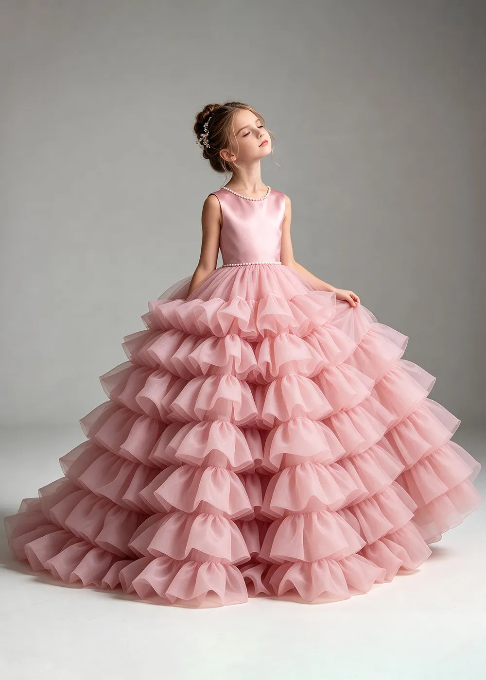 Pink Pearl-Trimmed Tiered Ruffle Flower Girl Dress