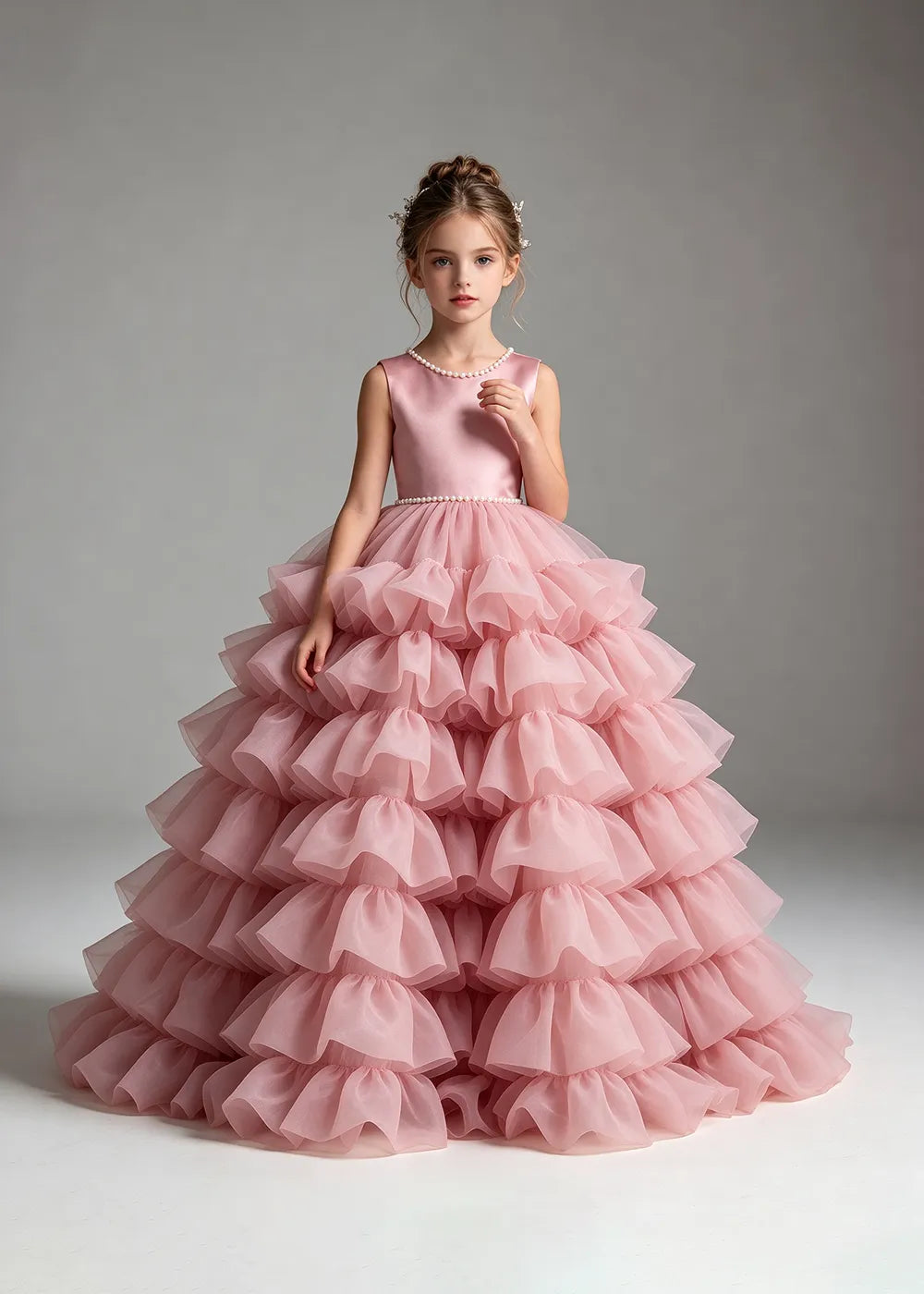 Pink Pearl-Trimmed Tiered Ruffle Flower Girl Dress