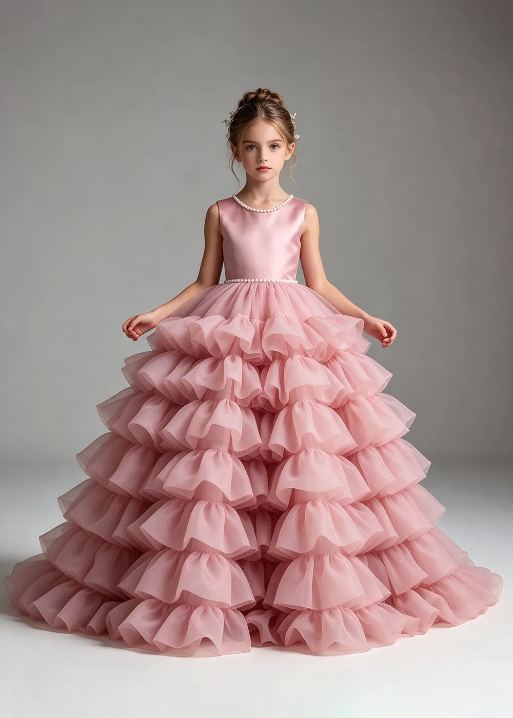 Pink Pearl-Trimmed Tiered Ruffle Flower Girl Dress