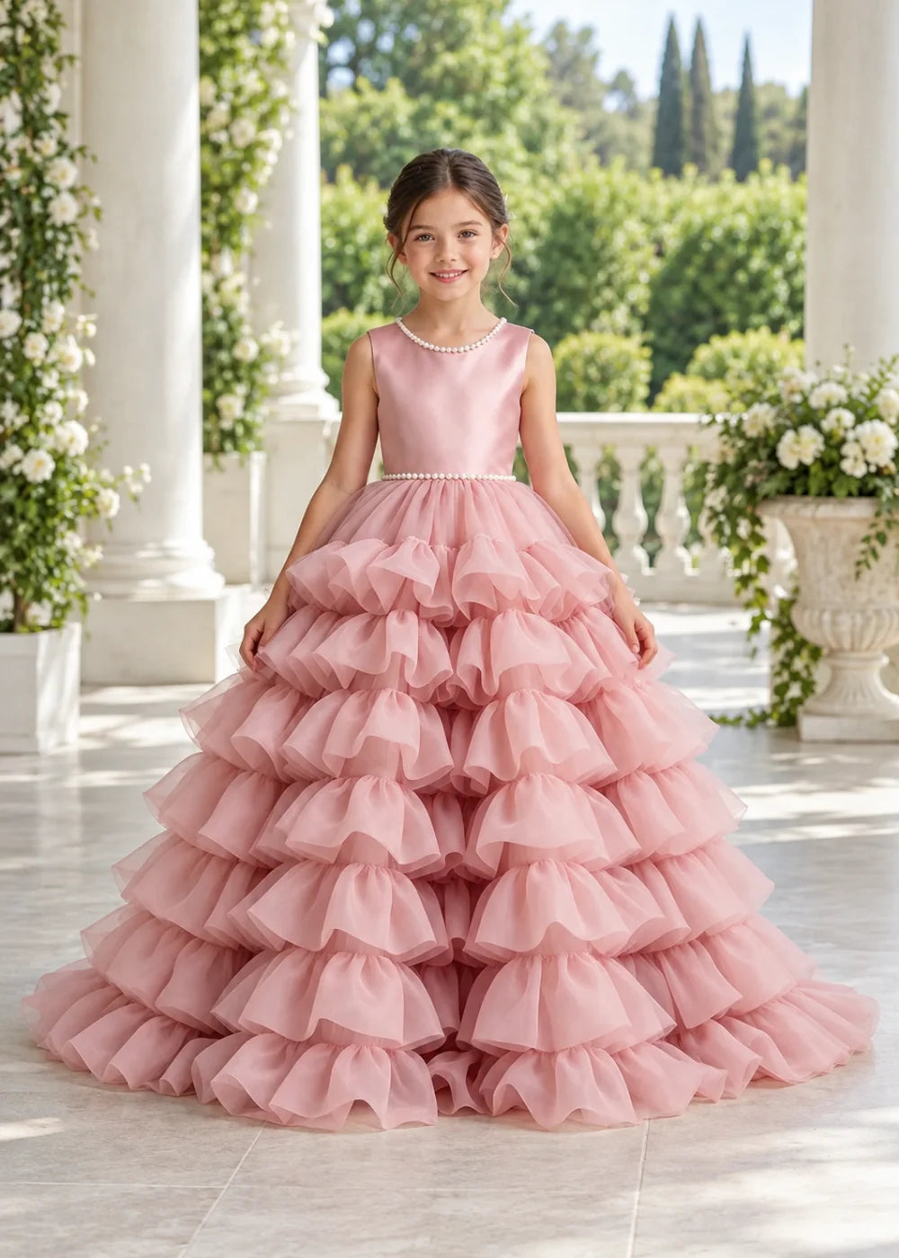 Pink Pearl-Trimmed Tiered Ruffle Flower Girl Dress