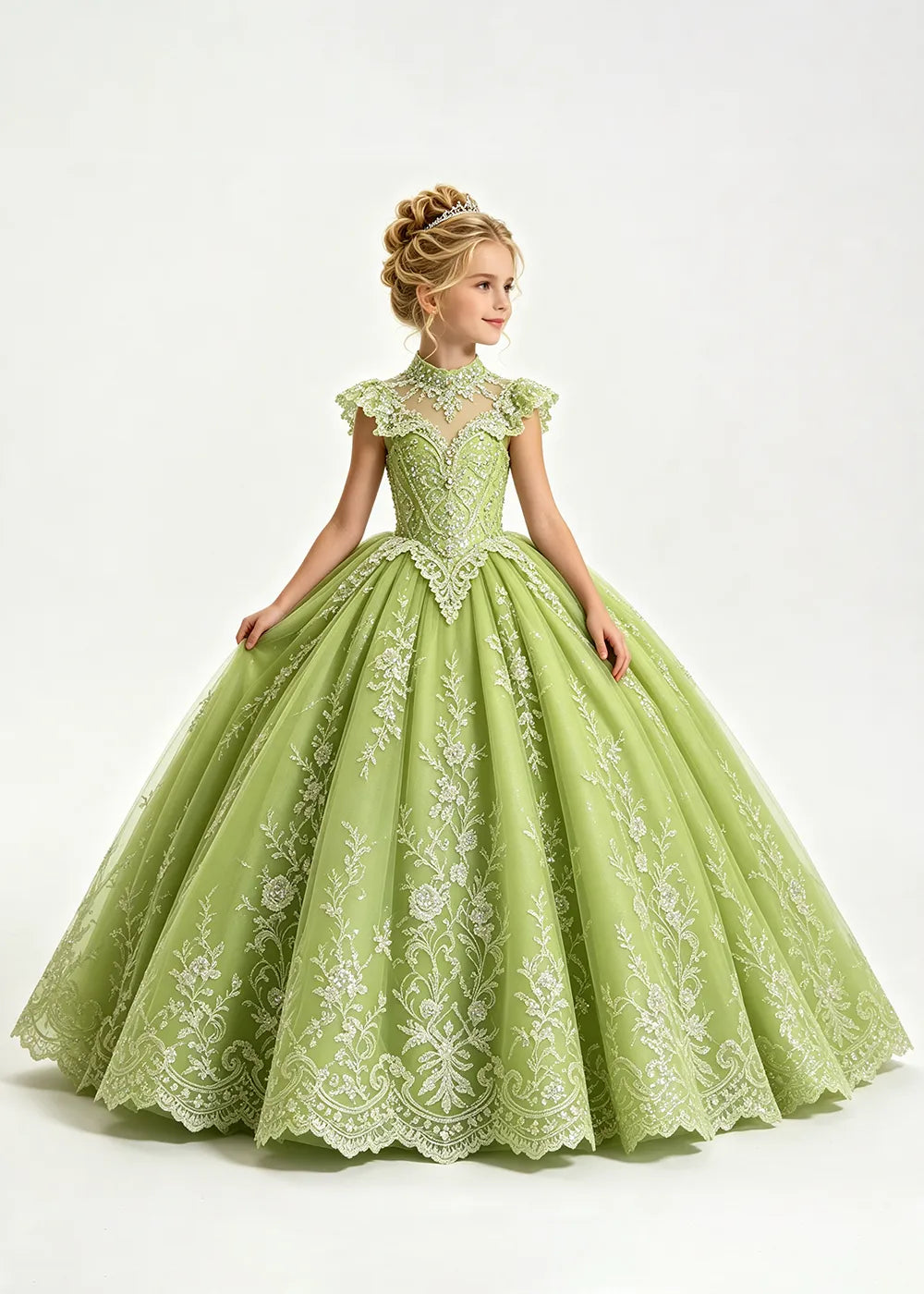 Pale Silver-Gray Blue Flower Girl Ball Gown with High Floral Collar