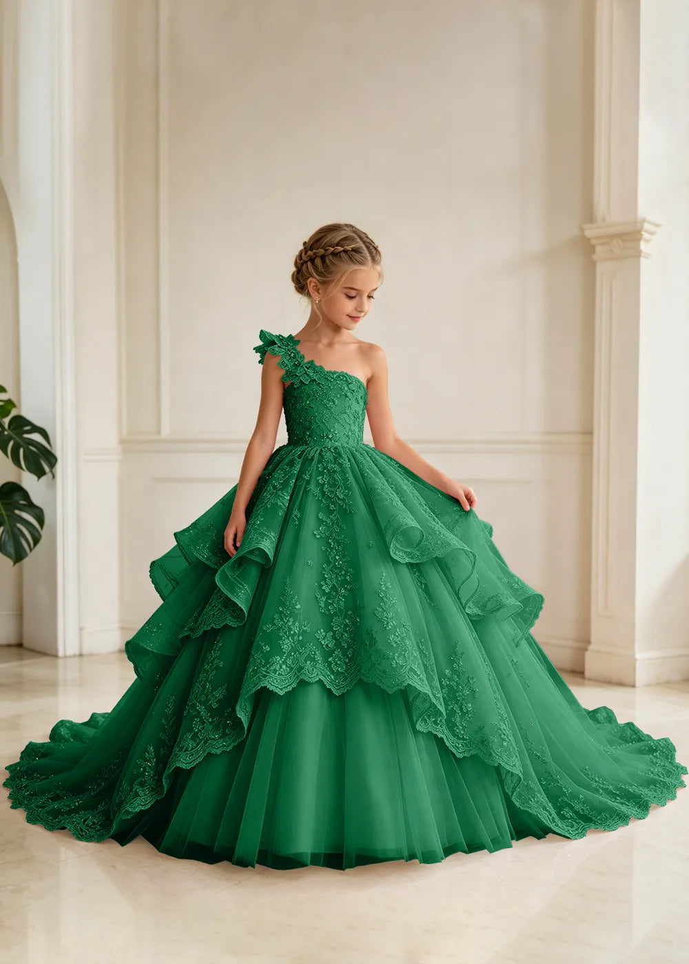 Floral Strap Tiered Lace Flower Girl Ball Gown Dress