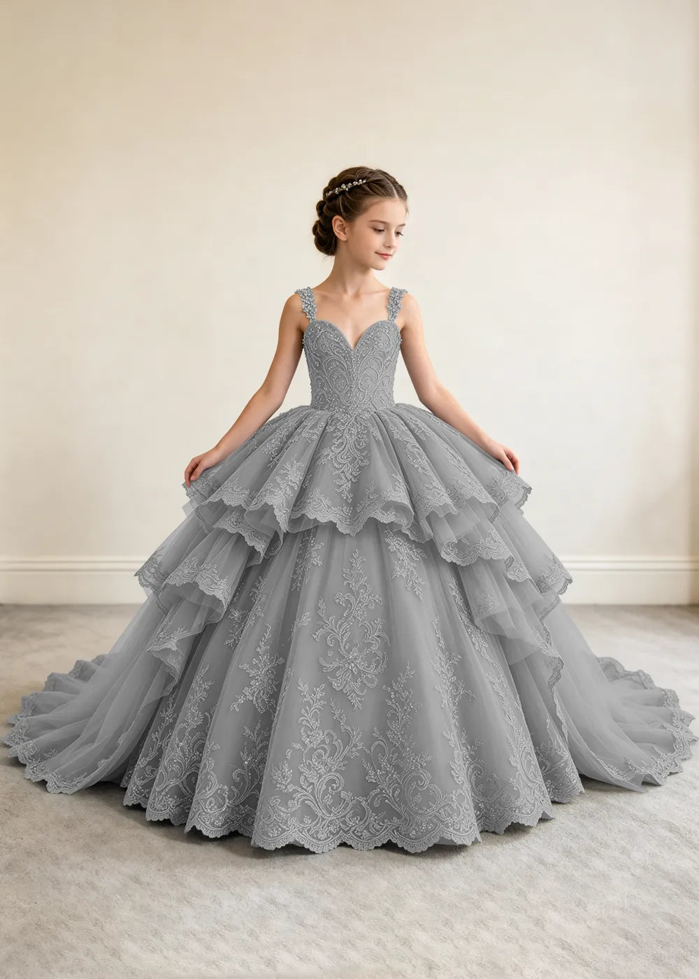 V-Neck Tiered Lace Princess Dress for Girls