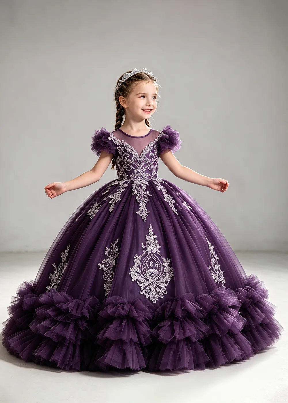 Navy Flower Girl Ball Gown with White Floral Appliqués