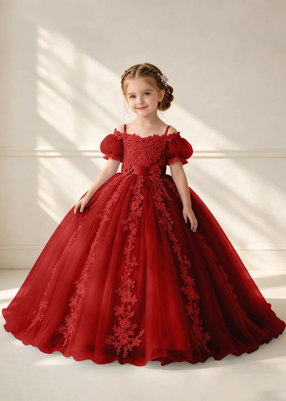 Puff Sleeve Floral Lace Princess Dress for Girls
