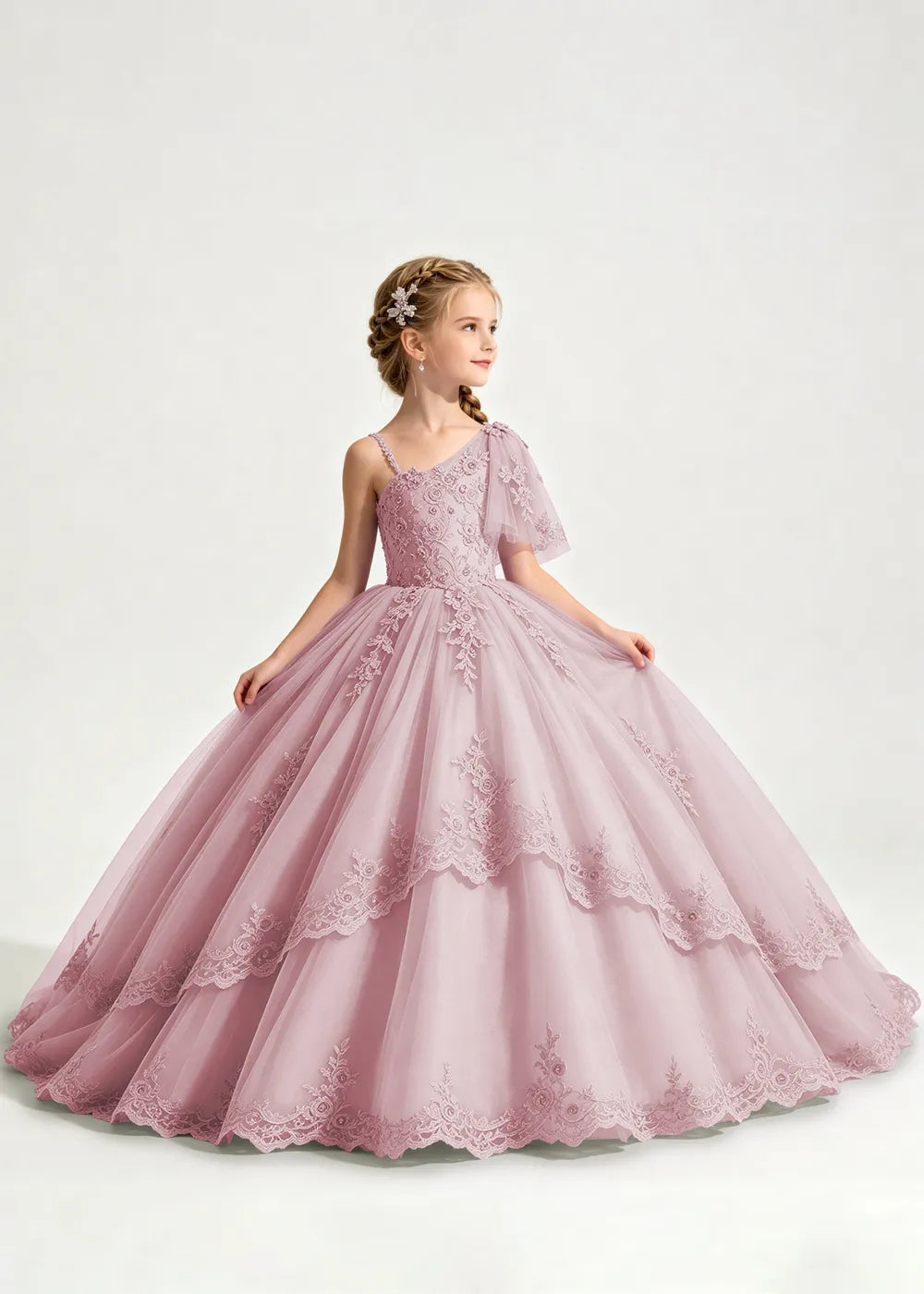 One-Shoulder Floral Lace Flower Girl Ball Gown Dress