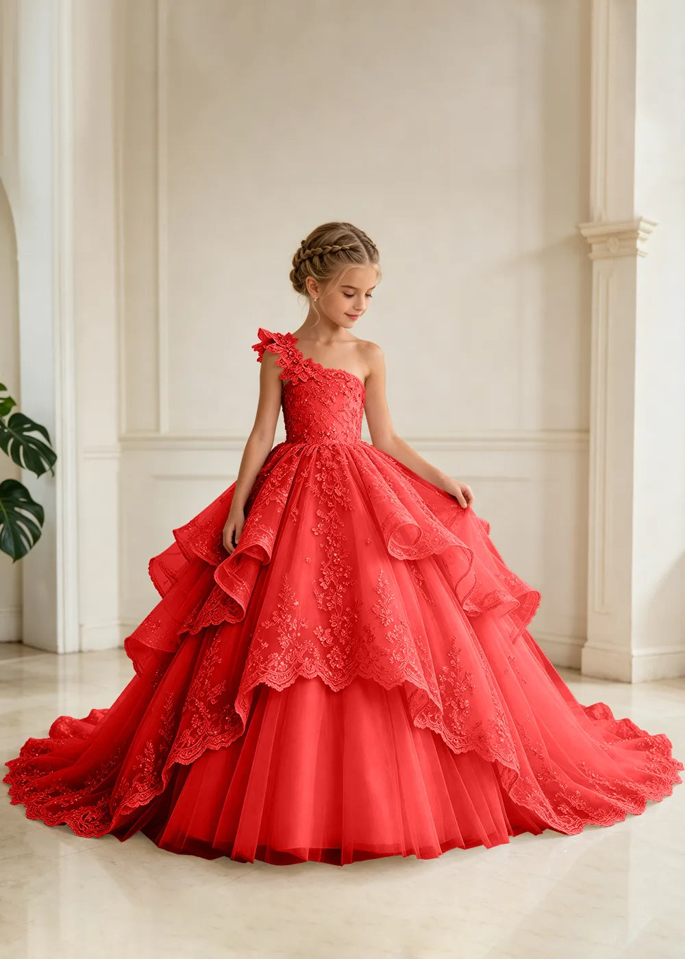 Floral Strap Tiered Lace Princess Dress for Girls