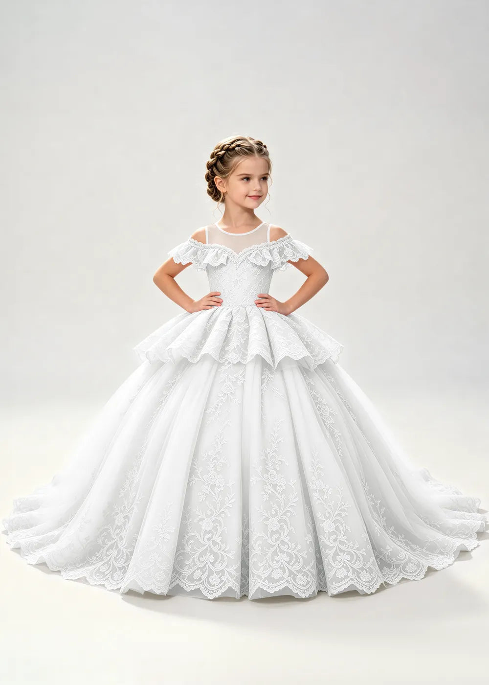 Illusion Neck Tiered Lace Princess Dress for Girls