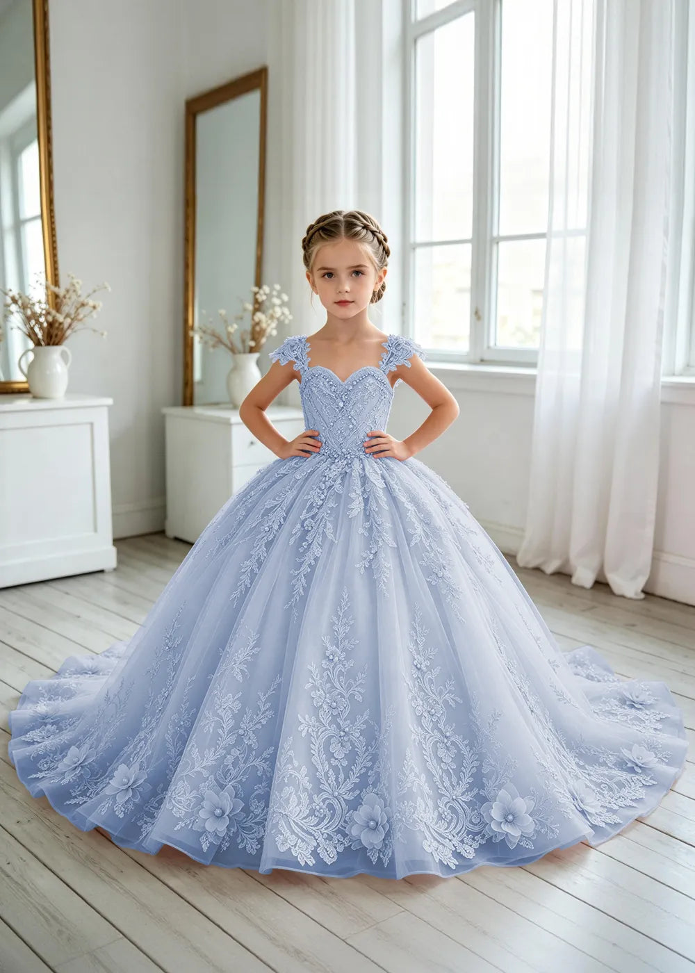 Floral V-Neck Lace Princess Dress for Girls