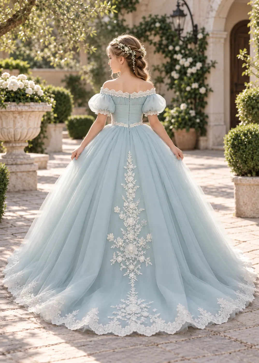 Flower girl dress in Powder Blue, back view.