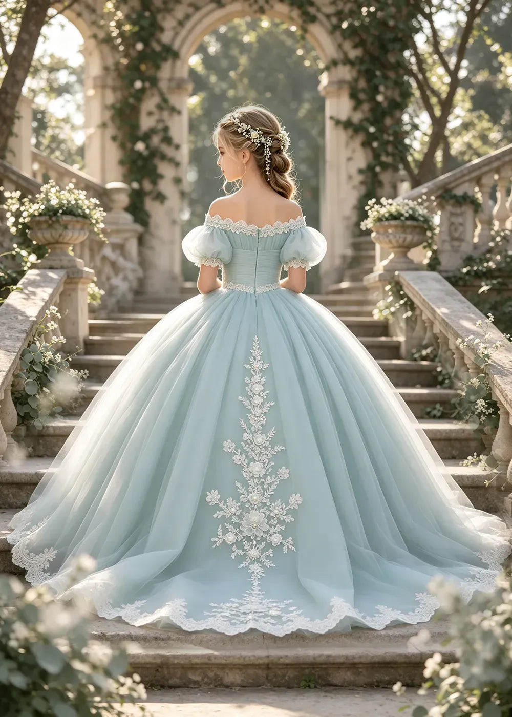 Flower girl dress in Powder Blue, back view.