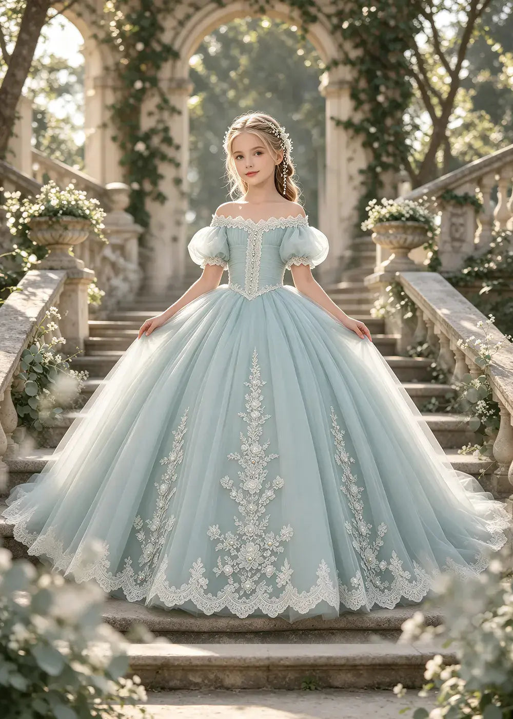 Flower girl dress in Powder Blue, front view.