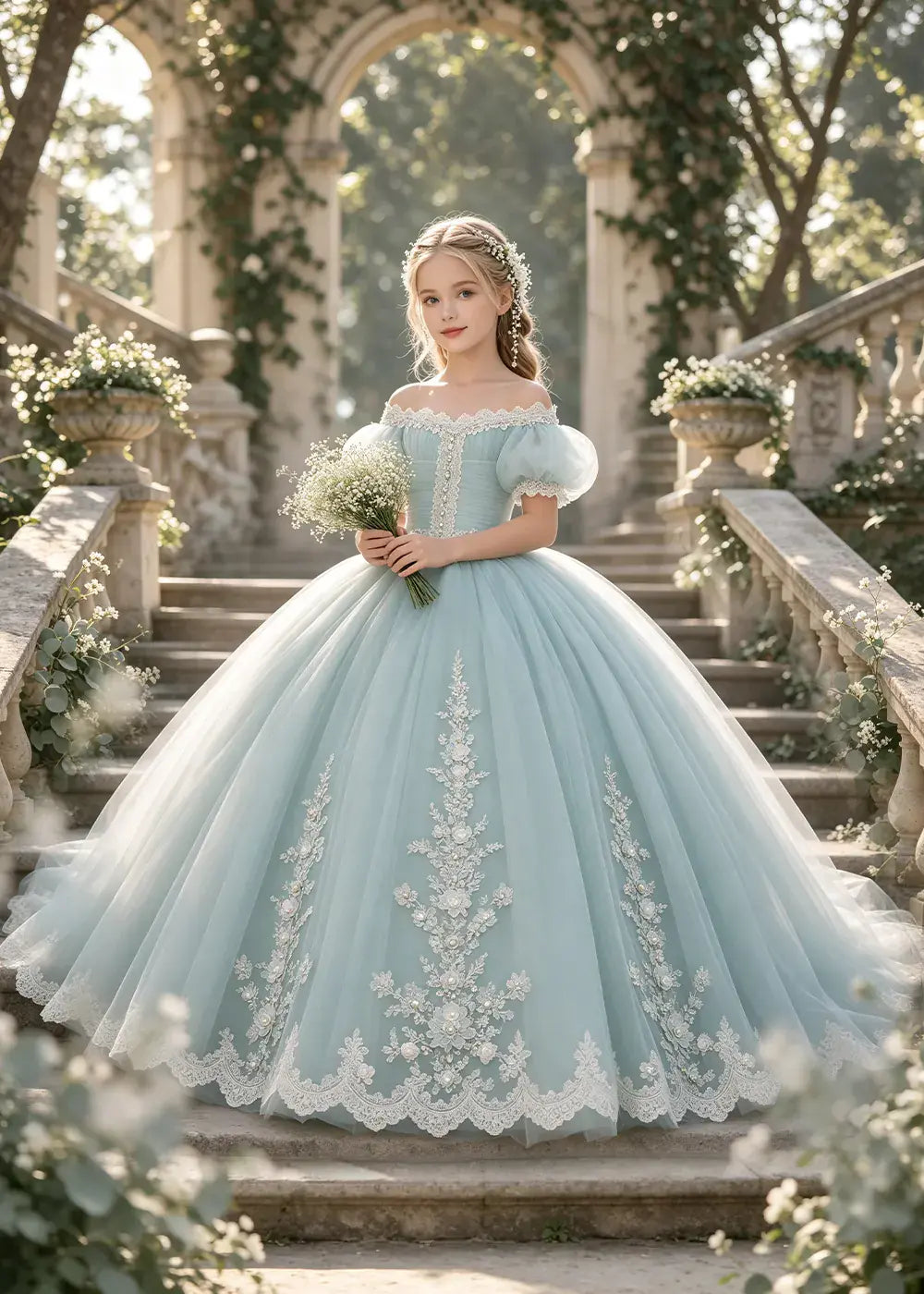 Flower girl dress in Powder Blue, front view.