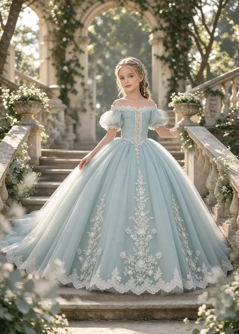 Flower girl dress in Powder Blue, front view.