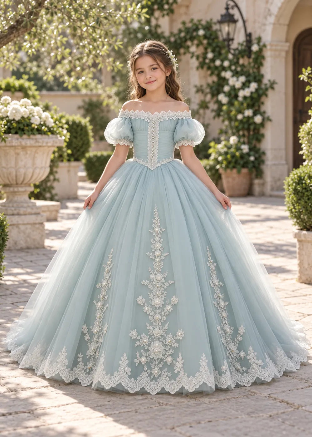 Flower girl dress in Powder Blue, front view.