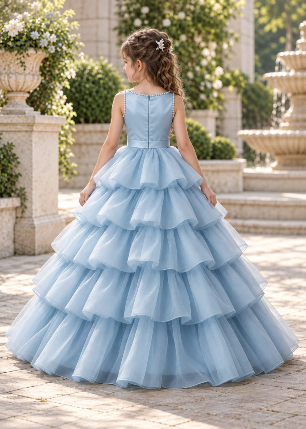 Flower girl dress in Powder Blue, back view.