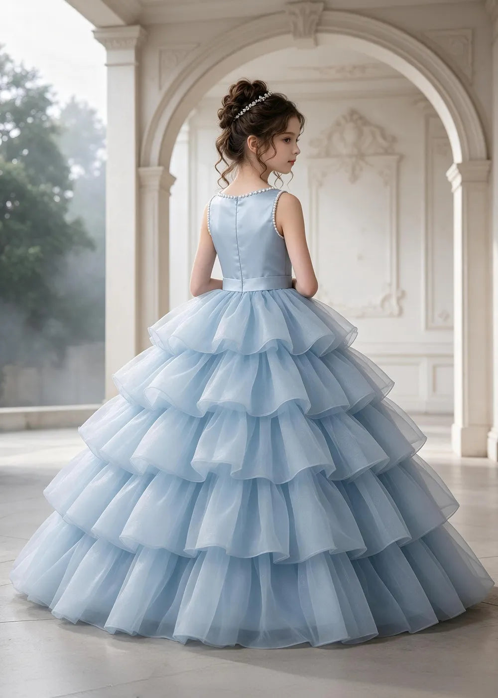 Flower girl dress in Powder Blue, back view.