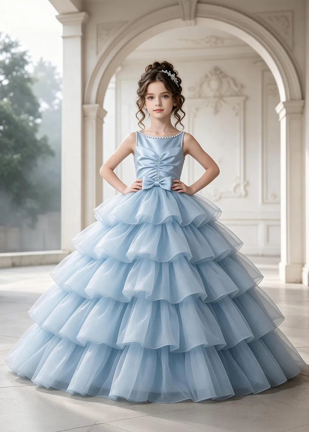 Flower girl dress in Powder Blue, front view.