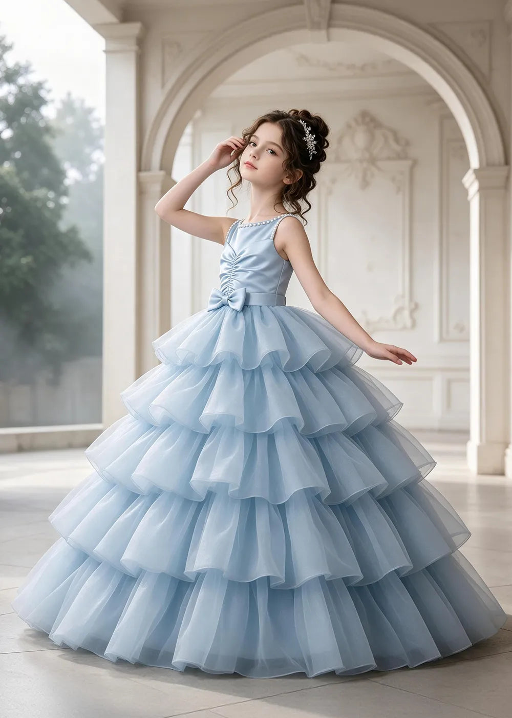 Flower girl dress in Powder Blue, front view.