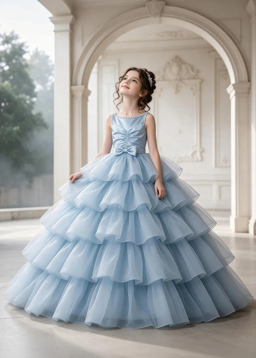 Flower girl dress in Powder Blue, front view.