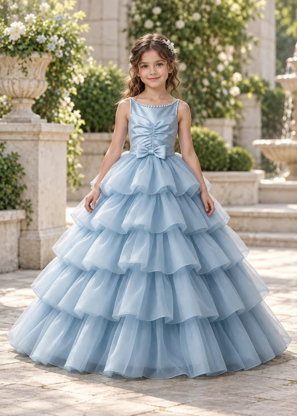Flower girl dress in Powder Blue, front view.