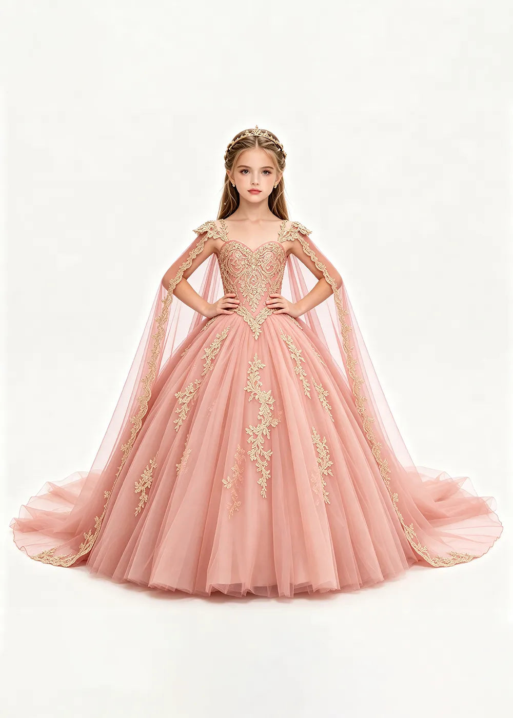Gold Appliqué Cape Flower Girl Ball Gown Dress