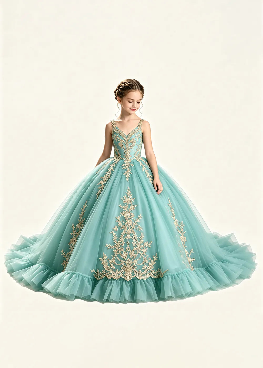 Gold Appliqué V-Neck Flower Girl Ball Gown Dress