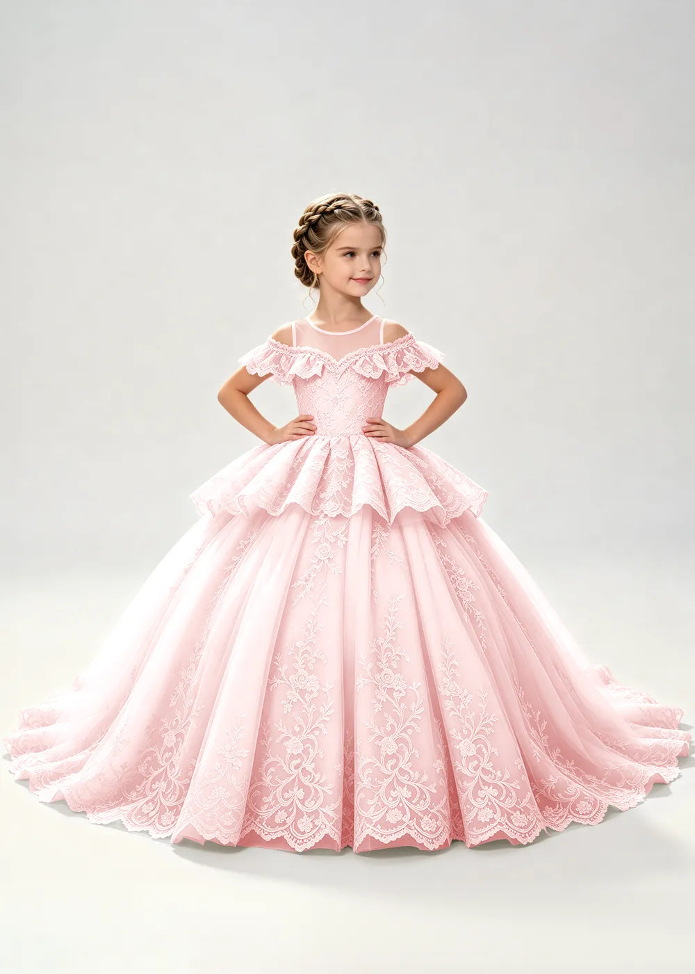 Illusion Neck Tiered Lace Flower Girl Ball Gown Dress