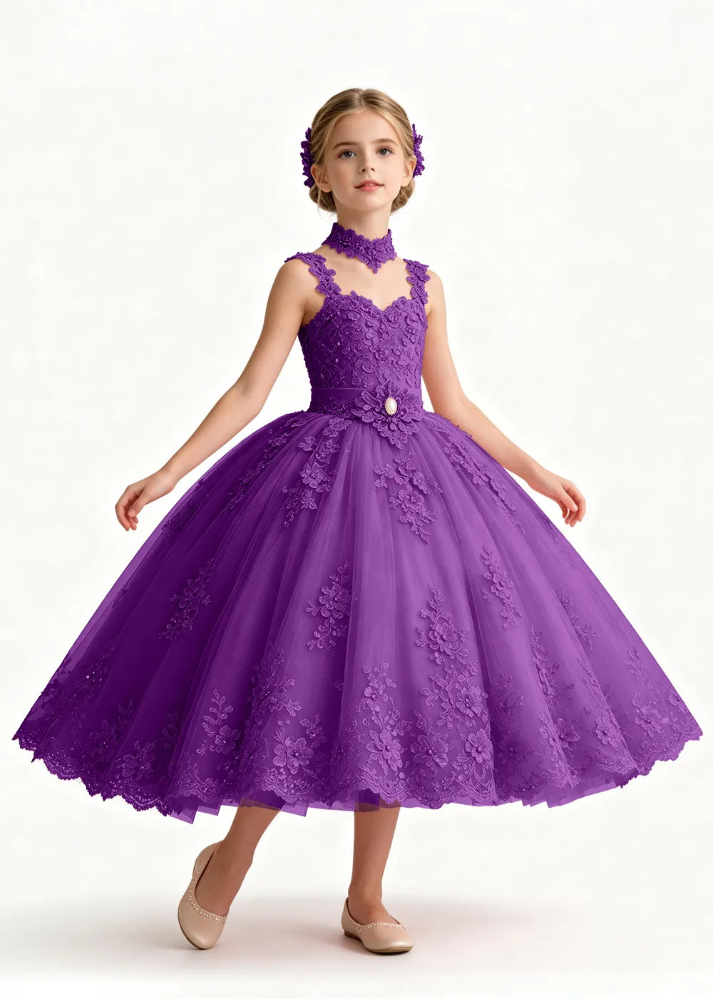 Navy Tea-Length Flower Girl Gown with Floral Neck Band