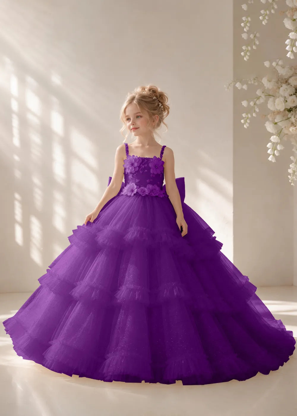 Front view of a child wearing a purple flower girl dress with beaded spaghetti straps, a bodice covered in three-dimensional fabric flowers and a multi-tiered tulle skirt.