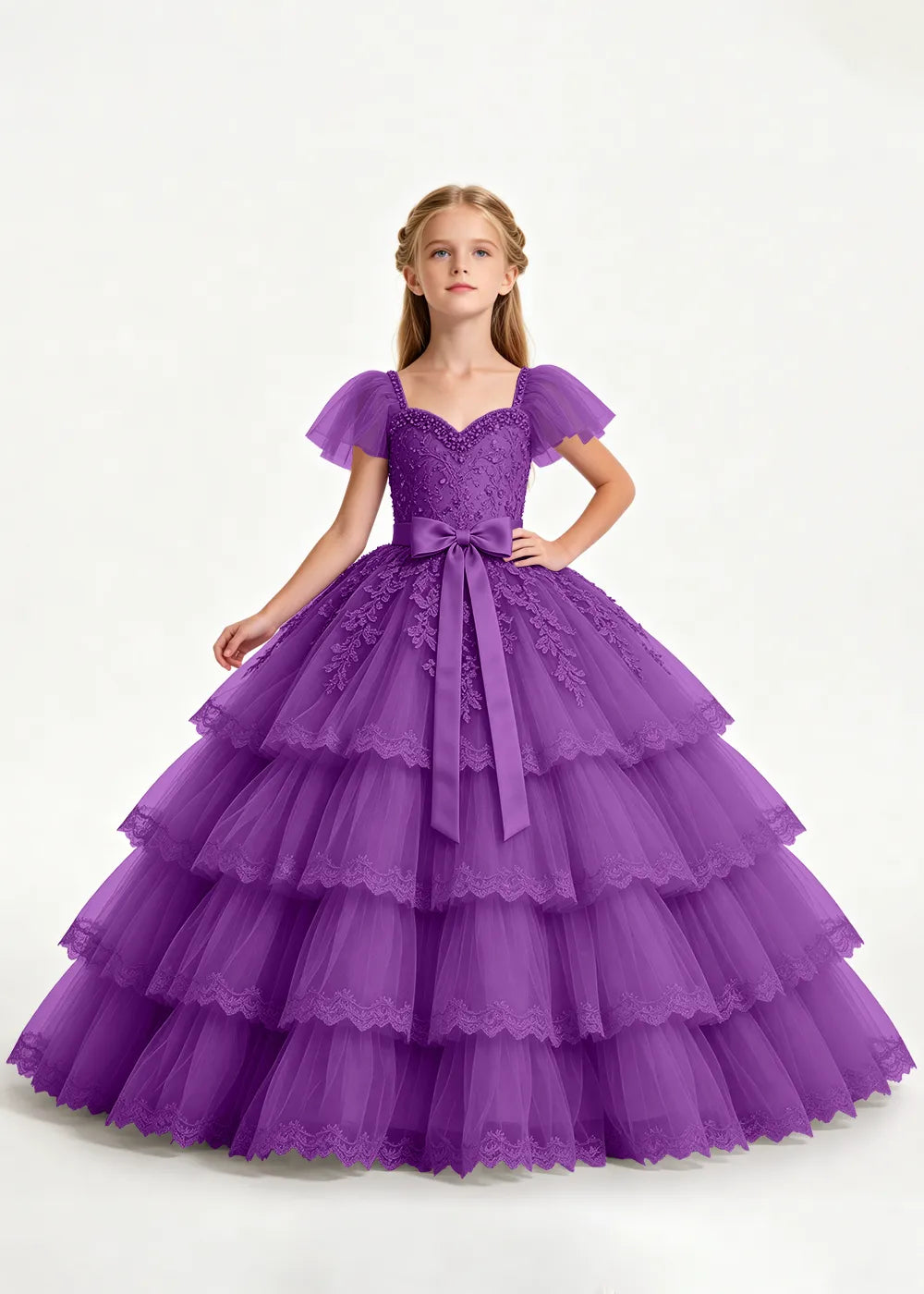 Navy Four-Tier Flower Girl Gown with Front Bow