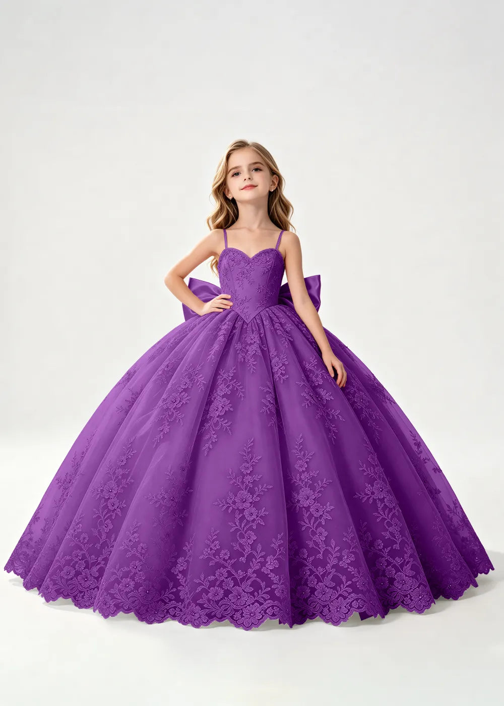 Flower girl dress in Purple, front view.