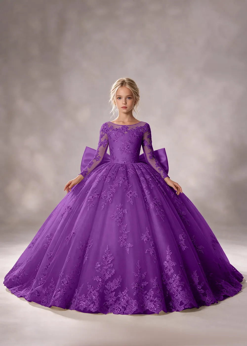 Flower girl dress in Purple, front view.