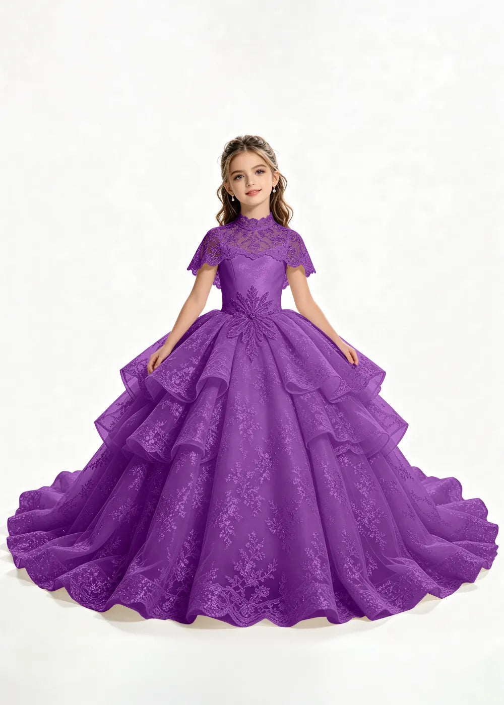 Flower girl dress in Purple, front view.