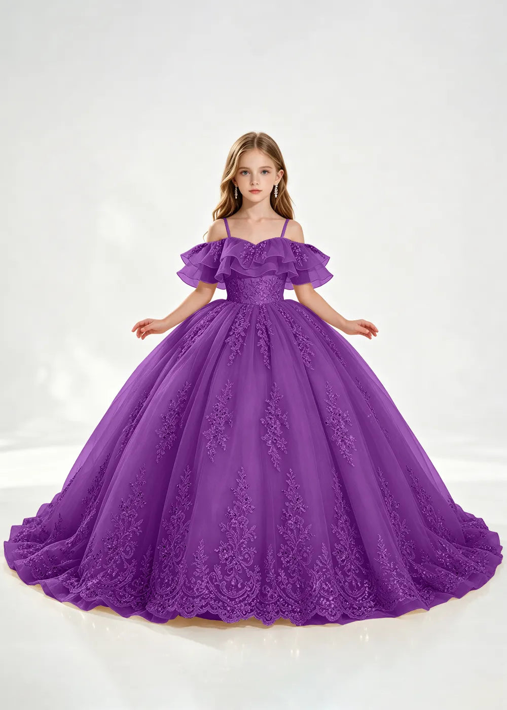 Slate Blue Off-Shoulder Lace-Hem Flower Girl Dress