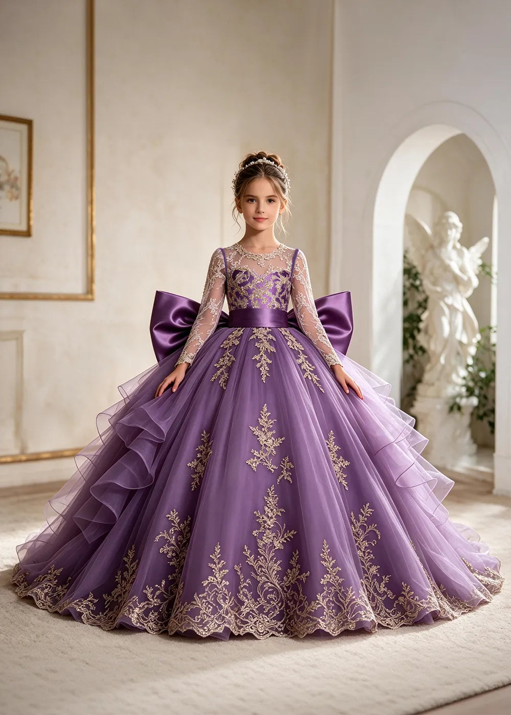 Navy Blue Gold Lace Flower Girl Gown with Ruffles and Long Bow Tails
