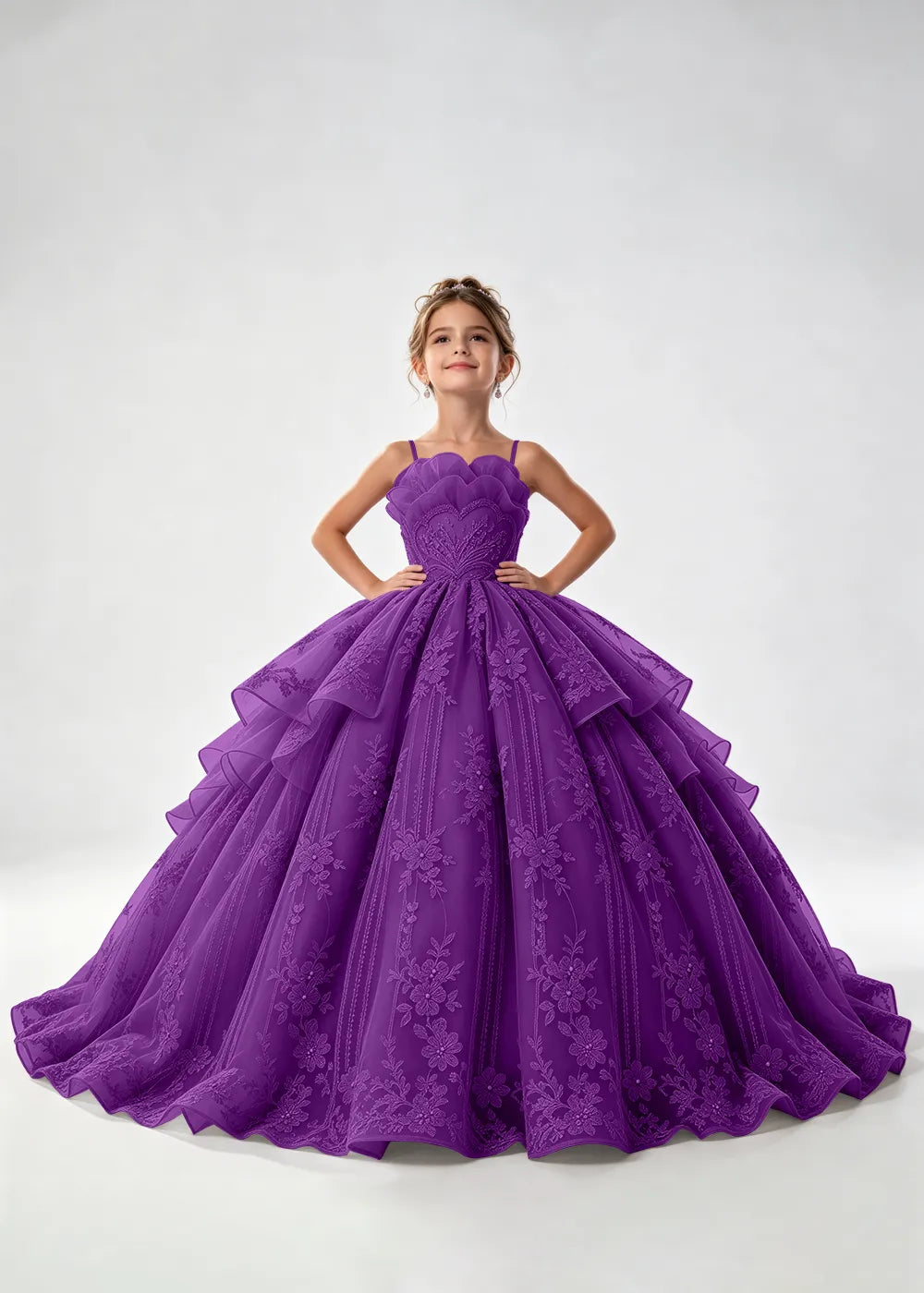 Flower girl dress in Purple, front view.
