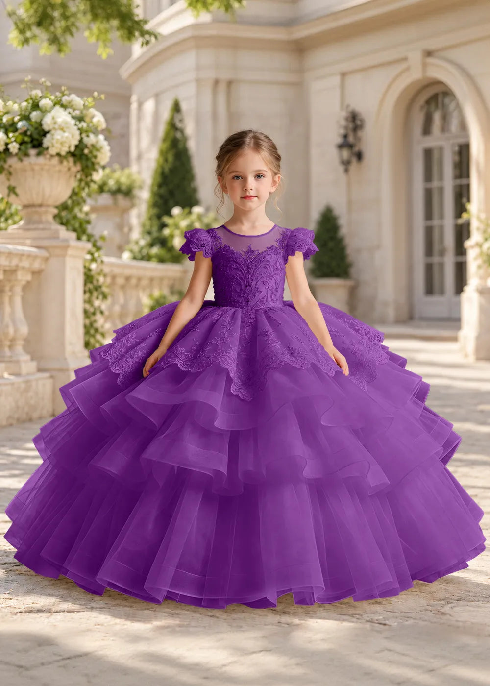 Dusty Blue Lace-Cap Flower Girl Dress with Cascading Skirt