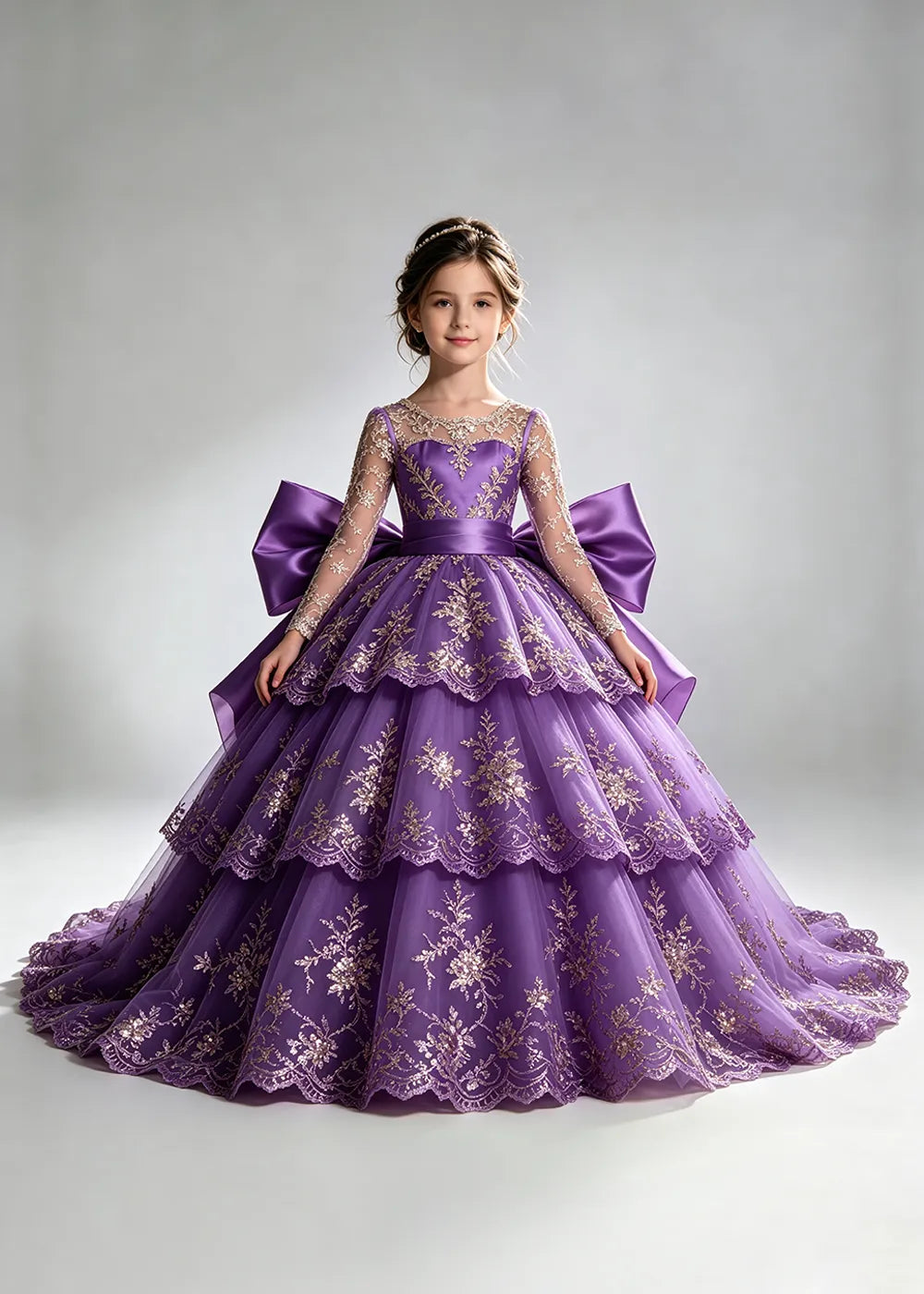 Long Sleeve Lace Flower Girl Dress with Sash Bow and Tiered Skirt