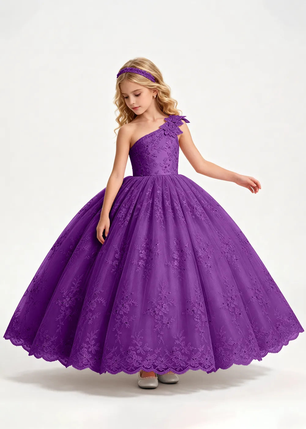 Navy One-Shoulder Flower Girl Gown with Scalloped Lace