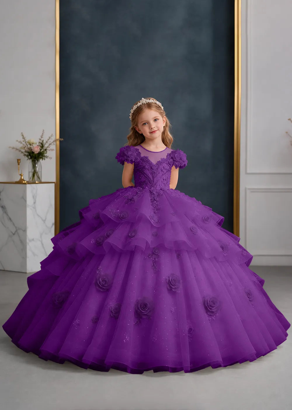 Navy Blue Flower Girl Gown with Floral Cap Sleeves and Rose Ruffles