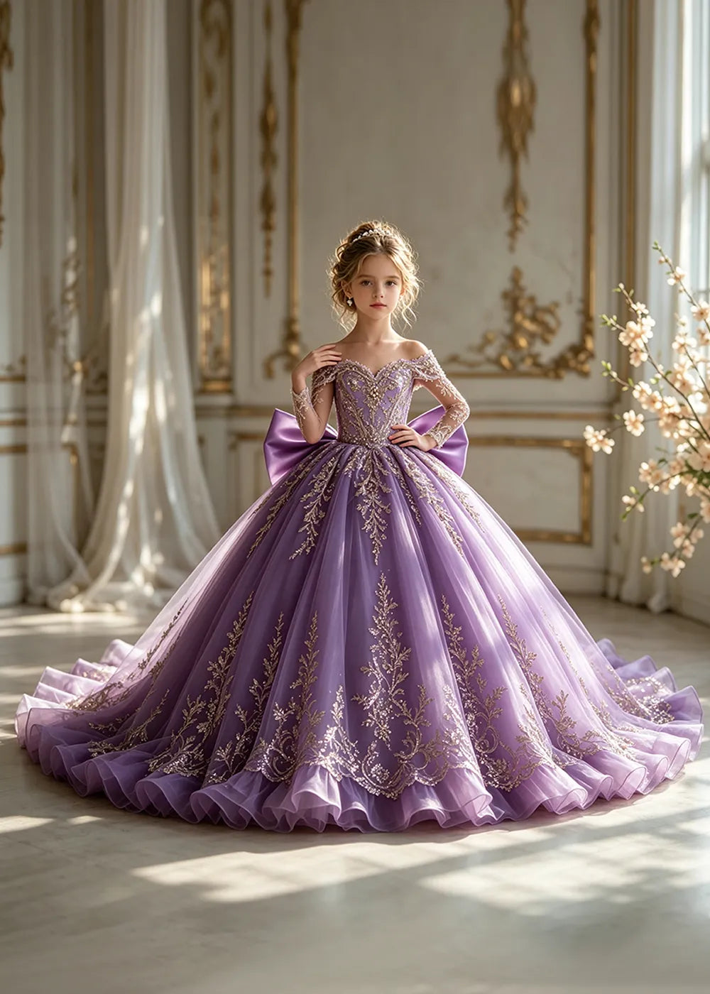 Off-Shoulder Sequin Lace Flower Girl Dress with Bow and Flounced Hem