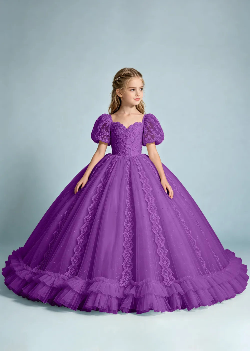 Navy Flower Girl Gown with Lace Puff Sleeves and Ruffled Hem