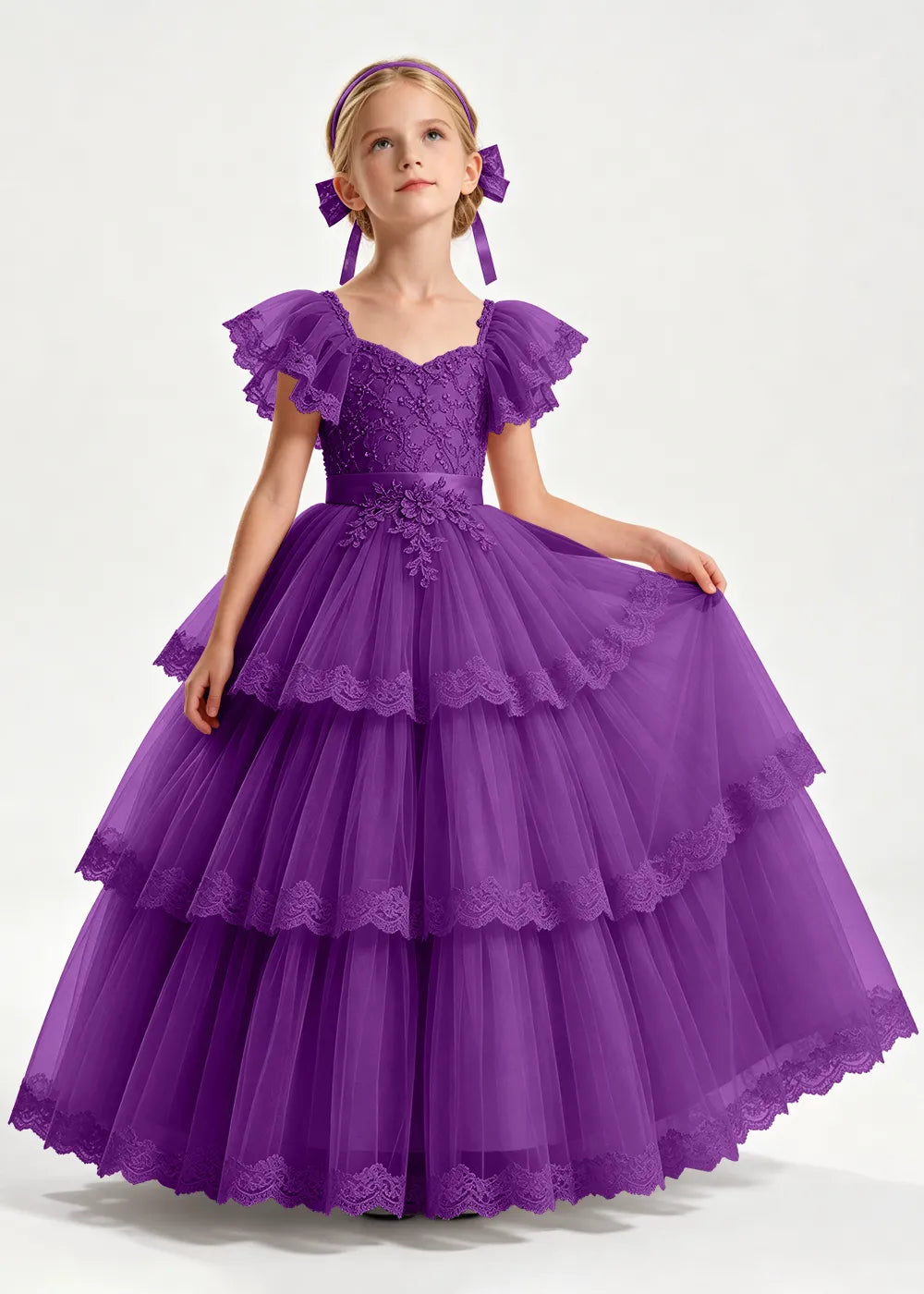 Navy Flower Girl Ball Gown with Three Lace-Edged Tiers