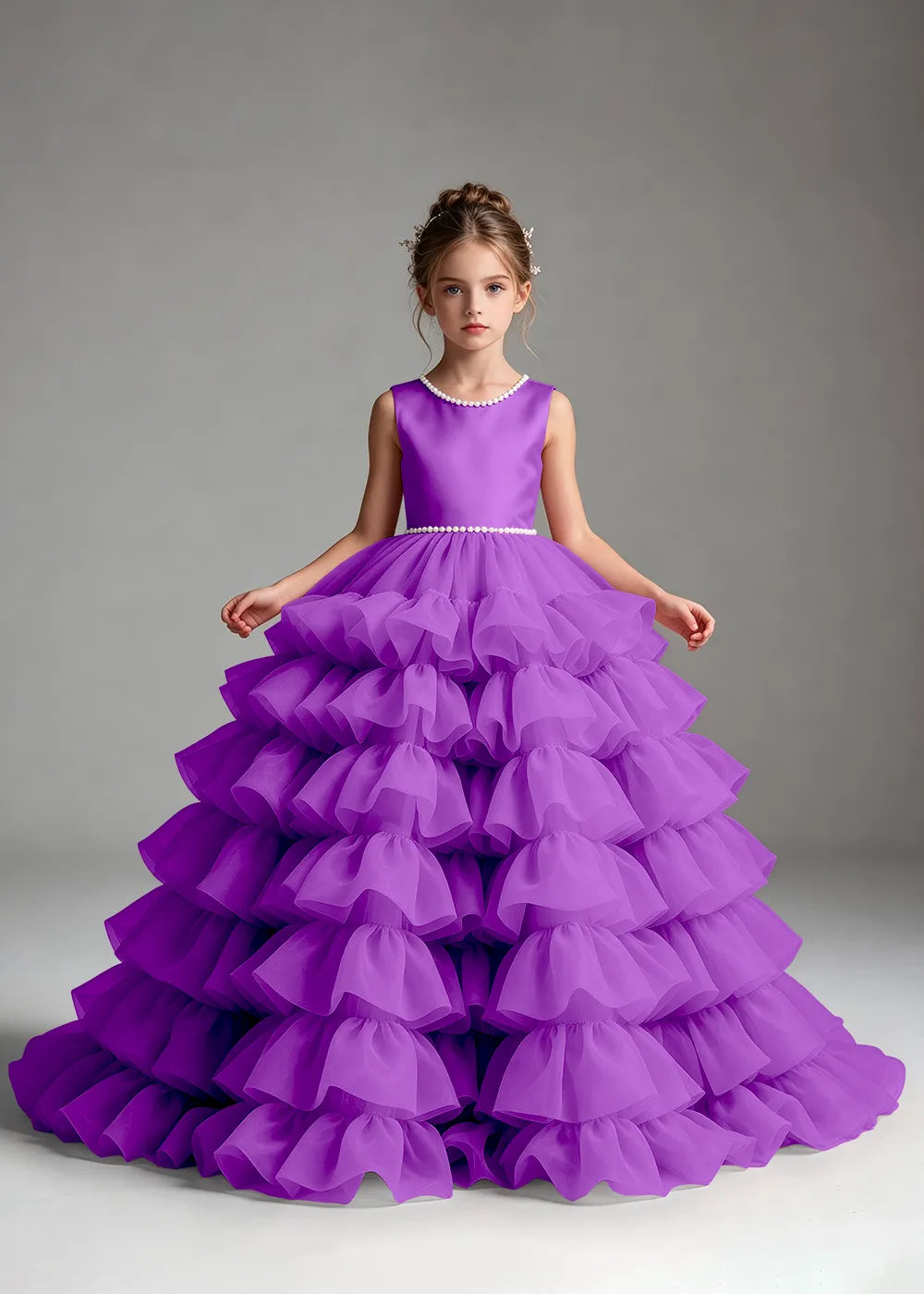 Royal Blue Pearl-Trimmed Tiered Ruffle Flower Girl Dress