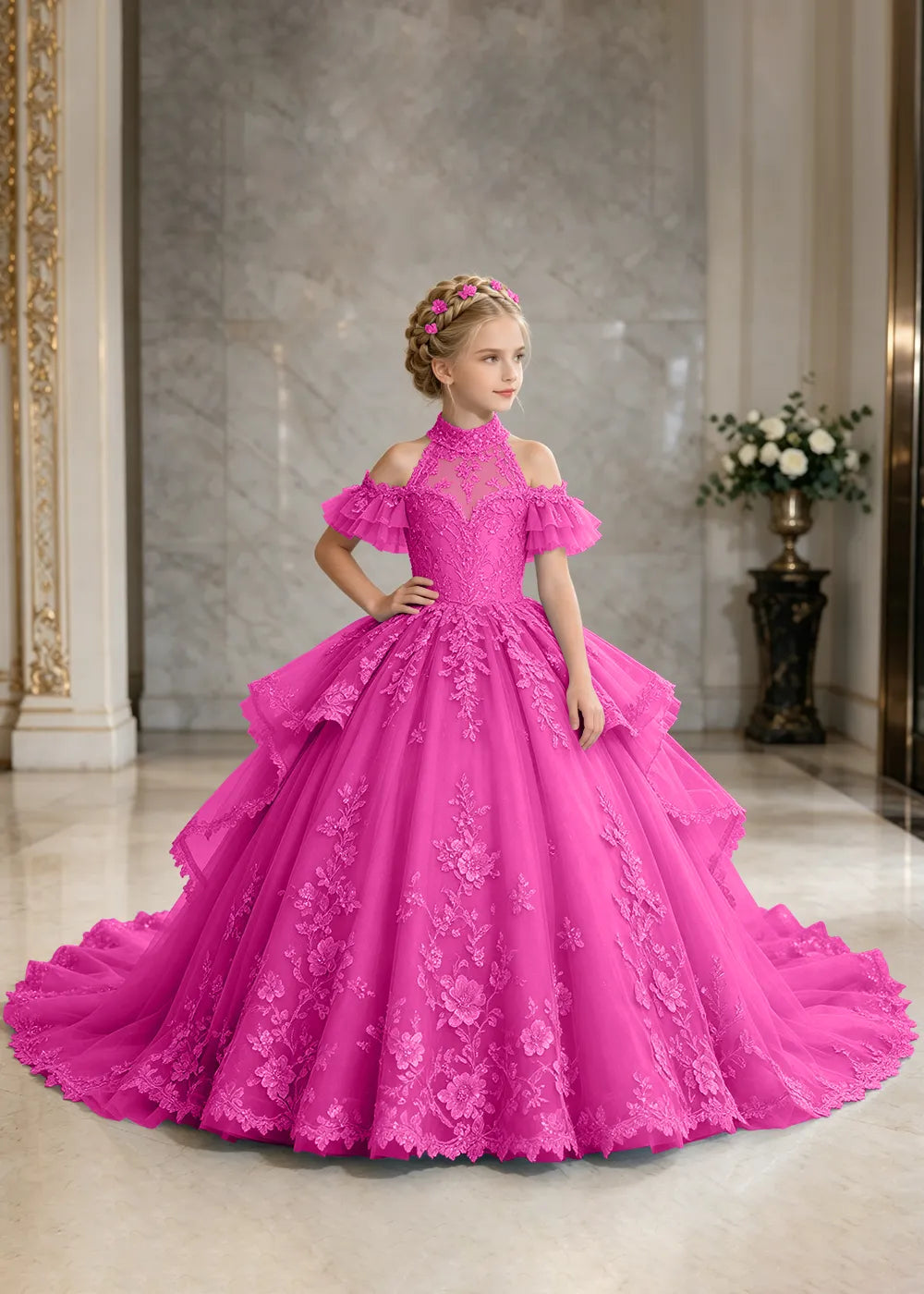 Illusion Neck Peplum Lace Flower Girl Ball Gown Dress