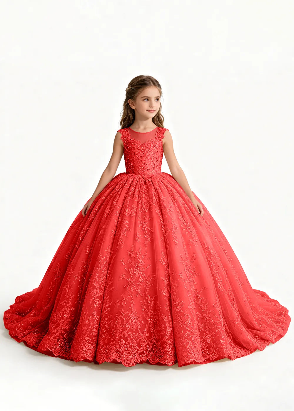Navy Sleeveless Flower Girl Gown with Scalloped Train