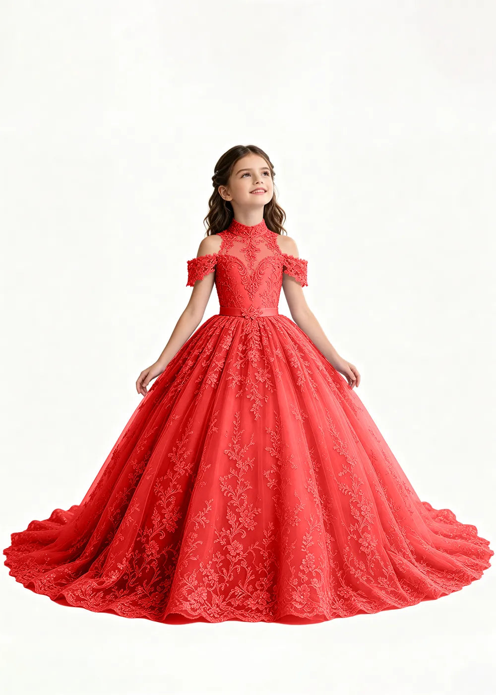 Navy Floral Flower Girl Gown with Open Shoulders