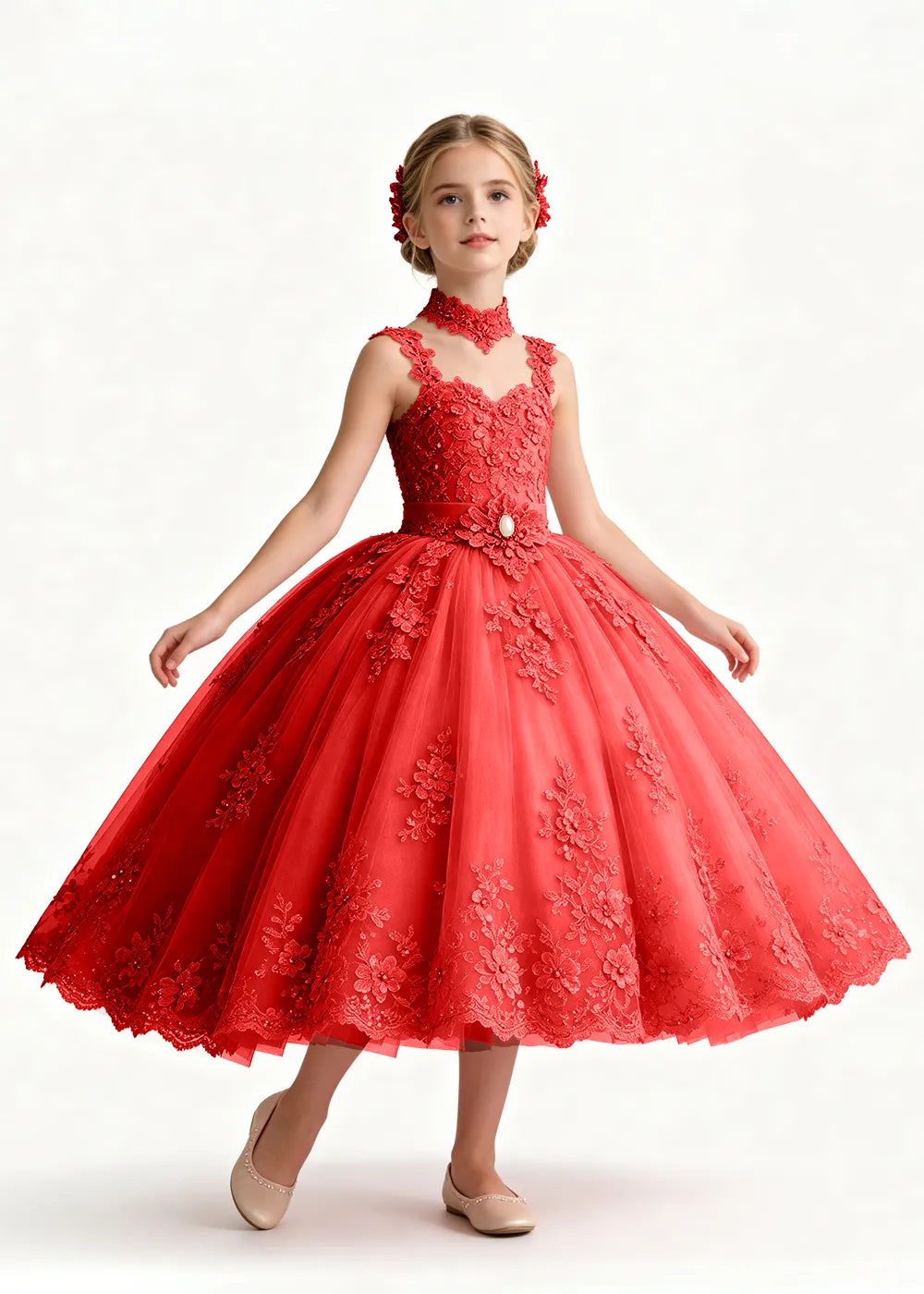 Navy Tea-Length Flower Girl Gown with Floral Neck Band